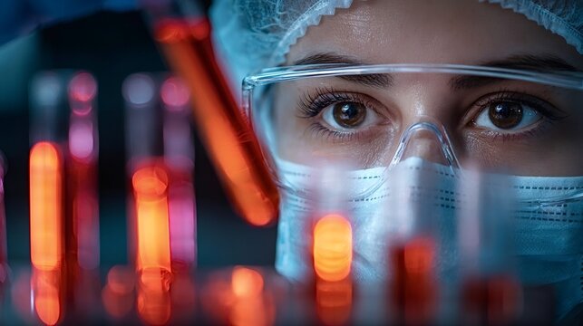 Female scientist in protective eyewear and mask examines glowing red test tubes in a dark modern lab, focused on medical research, diagnostics and biotech discovery