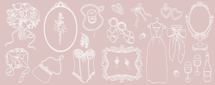 Hand drawn wedding ceremony illustrations. Bride icons in baroque or rococo style with whimsy elegant frames and pearl with lace decorations. Wedding borders and elements for invitations and menus.