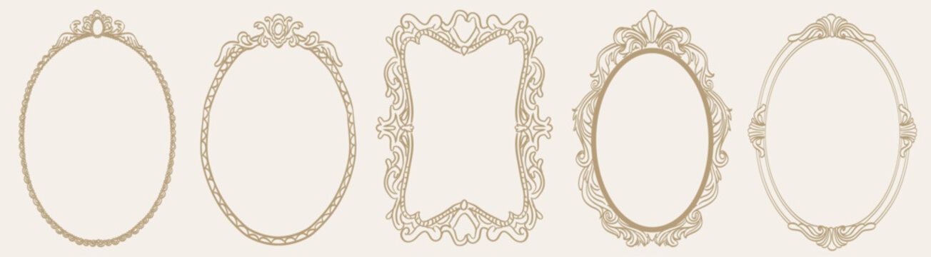 Whimsical baroque or rococo frames and renaissance borders. Oval shapes with vintage victorian elegance decorated with whimsy lines and squiggles perfect for wedding invitation cards, scrapbooking.