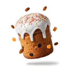 Commercial product shot of a traditional paska or easter cake levitating, decorated with white glaze, sprinkles, and dried fruits on white background