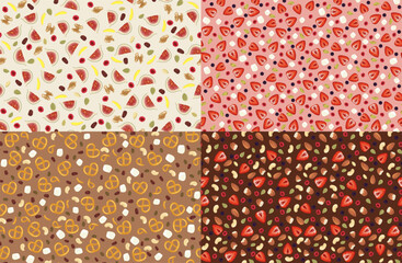 Seamless chocolate patterns set with fruits and nuts, vector background