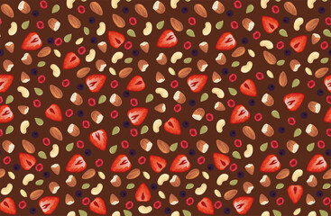 Seamless dark chocolate pattern with fruits and nuts, vector background