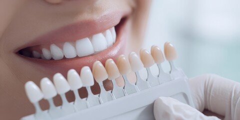The Tooth Shade Guide Matching Natural Smile in Dental Whitening Consultation Close-Up