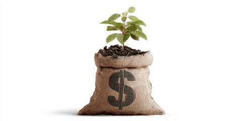 The Money Bag with a Young Plant Growing from Soil Symbolizing Sustainable Investment Growth
