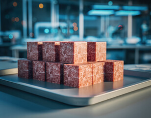 Synthetic beef cubes arranged neatly on sterile tray in futuristic food lab depicting innovation via bioengineering science for sustainable meat culture and nutrition