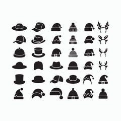Winter hat silhouette icon set with beanies, caps and festive headwear