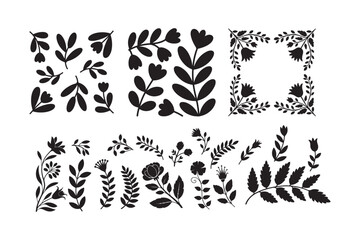 Botanical leaf silhouette set with floral branches and decorative frame