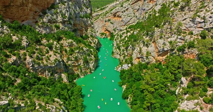 Aerial view of Gorges Du Verdon and Galetas Bridge, Magnificent Nature. Aerial journey above Verdon Gorge, where rugged mountains meet the emerald river below