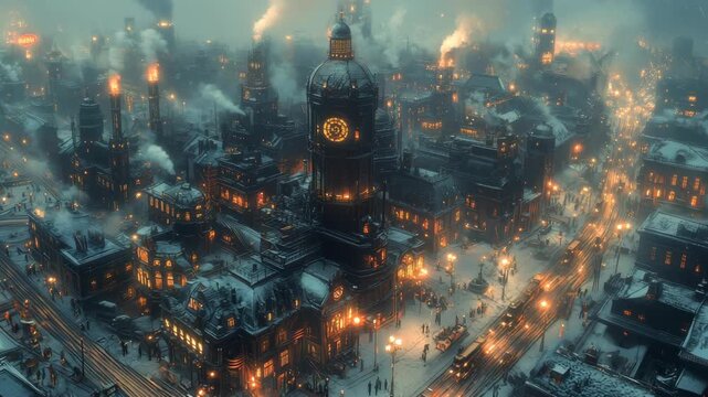 Cinematic steampunk city at night in winter ideal for fantasy game intros and historical documentary backgrounds.