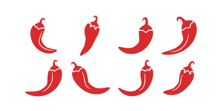 A collection of chili pepper icons in a simple red silhouette style, with different shapes and designs.