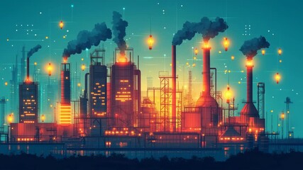 Futuristic industrial factory with glowing idea lightbulbs ideal for technology innovation and creative industry presentations.