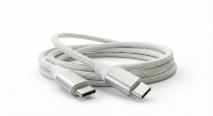 Coiled white usb cable features silver type c connector ready for fast charging or data transfer isolated background. Modern electronic technology wire supplies power connection to digital device