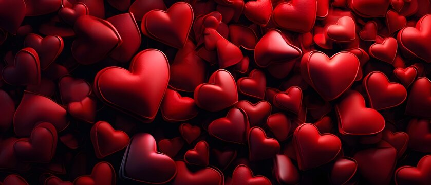 Pile of soft red hearts in various shapes and angles filling the frame, perfect for romantic background, valentines design