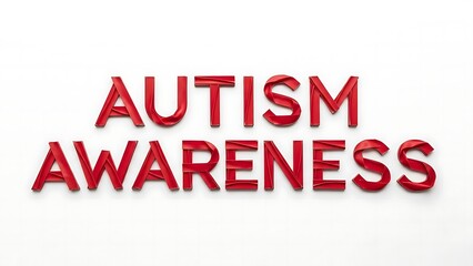 Bold red typography text autism awareness created using flowing ribbon texture against pure white background