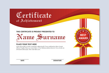 Modern achievement certificate template red and yellow wave design