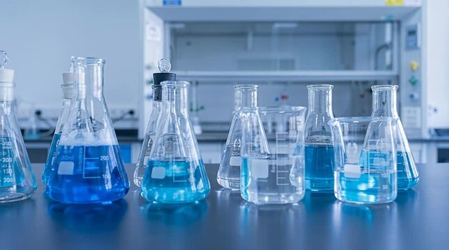 Laboratory glass beakers flasks scientific research liquid experiment materials research lab equipment.