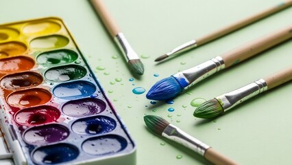 Watercolor palette with paint brushes on pale green background, close-up
