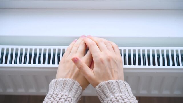 silhouette frozen woman warms hands on warm radiator. person hand touching cold heater. low temperature cold winter. Saving utility bills. Expensive inefficient central heating. girl in warm clothing