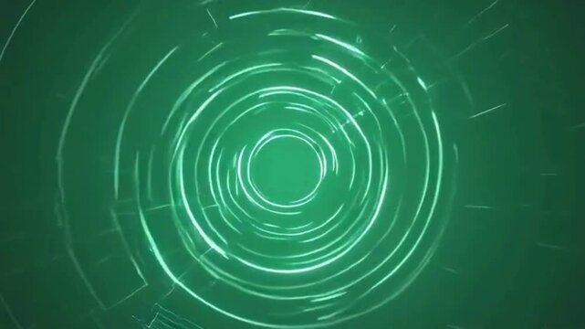 Abstract green technology background with concentric circles and lines forming a futuristic design against a dark green gradient