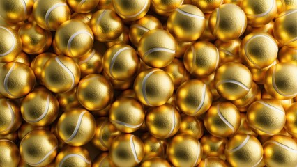 Shiny gold tennis balls pile together in luxury sports concept creating metallic texture