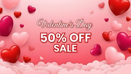 A Valentine's Day sale advertisement with hearts and a pink background
