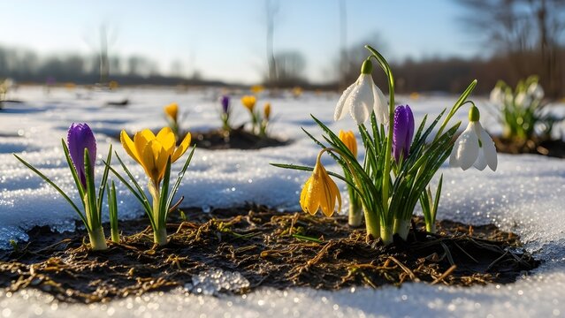 Spring crocus and snowdrop blossoms emerging from melting snow