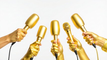 Multiple gold-painted hands holding gold microphones against a white background