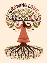 Stylized illustration of a woman as a tree with roots and branches symbolizing growing love and family life