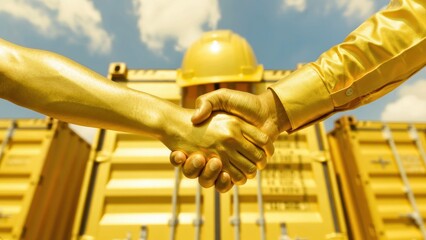 Two golden hands shake in front of gold shipping containers and a hard hat