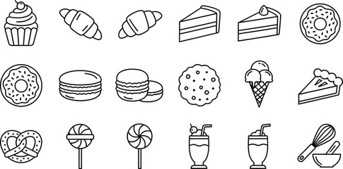 A collection of minimalist line art icons for bakery, dessert, and confectionery products