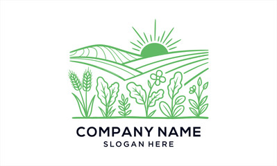 Green Farm Field with Crops and Sun Logo Design.