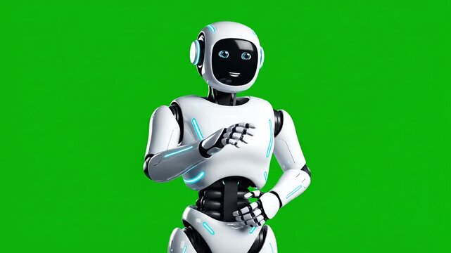 Friendly robot with glowing blue accents gestures with hands on a green screen background.
