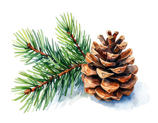 Fototapeta premium モミの枝と松ぼっくりの水彩イラスト