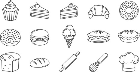 A collection of baking and pastry icons including cakes, donuts, and kitchen tools on a white background