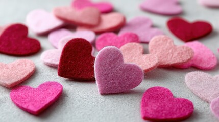 Colorful Felt Hearts in Various Shades of Pink and Red Arranged on a Soft Surface for Craft Projects, Decorations, and Valentine's Day Themes