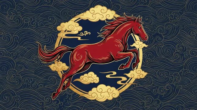 Red horse jumping design for Chinese New Year, Lunar New Year or year of the Horse celebration. Asian art style on dark background.