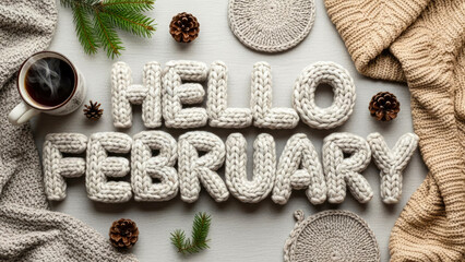 Hello February knitted letters with cozy textures, hot drink mug and pinecone decor evoke warm winter vibes. Seasonal greeting card concept.
