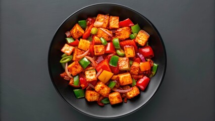 Spicy Red Chili Paneer Cubes Stir-Fried with Bell Peppers