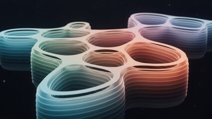 Layered abstract organic shapes with gradient color transition from blue to orange on a dark background