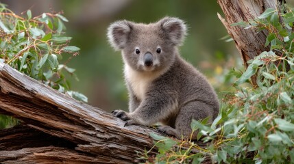 Obraz premium Koala bear sits on eucalyptus tree branch while looking at the camera in Australia during daytime