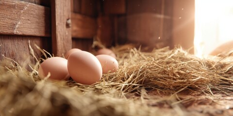 The Eggs Resting in Rustic Hay Inside a Sunlit Farm Chicken Coop