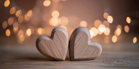 The Wooden Hearts on Rustic Table with Warm Bokeh Lights and Romantic Mood
