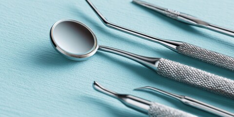 The Dental Instruments on a Blue Background Featuring Mirror Explorer and Scaler Tools