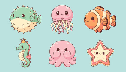 Collection of Cute Marine Life Vector Illustrations Featuring Pufferfish Jellyfish Clownfish Seahorse Octopus and Starfish with Happy Faces © Zhangxiao