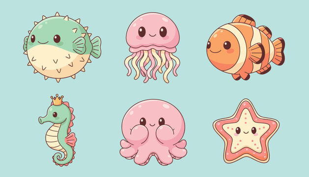 Collection of Cute Marine Life Vector Illustrations Featuring Pufferfish Jellyfish Clownfish Seahorse Octopus and Starfish with Happy Faces