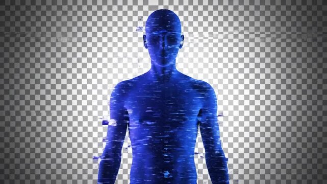 Digital Human Silhouette Morphing With Glitch Effects Against a Checkered Background