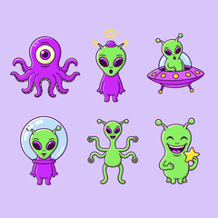 Obraz premium Set of Cute Alien and Extra Terrestrial Characters Including Octopus Alien and UFO Spaceship Icons for Science Fiction and Space Design
