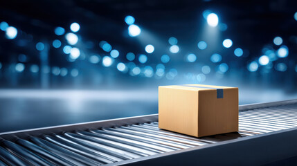 Cardboard box on conveyor systems in dim warehouse with bokeh lights creating quiet mood