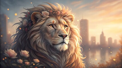 Fototapeta premium Abstract Watercolor Portrait of a Majestic Lion with Gigapixel Detail v2