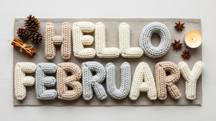 Hello February knitted letters with cozy textures and pinecone decor evoke warm winter vibes. Seasonal greeting card concept.